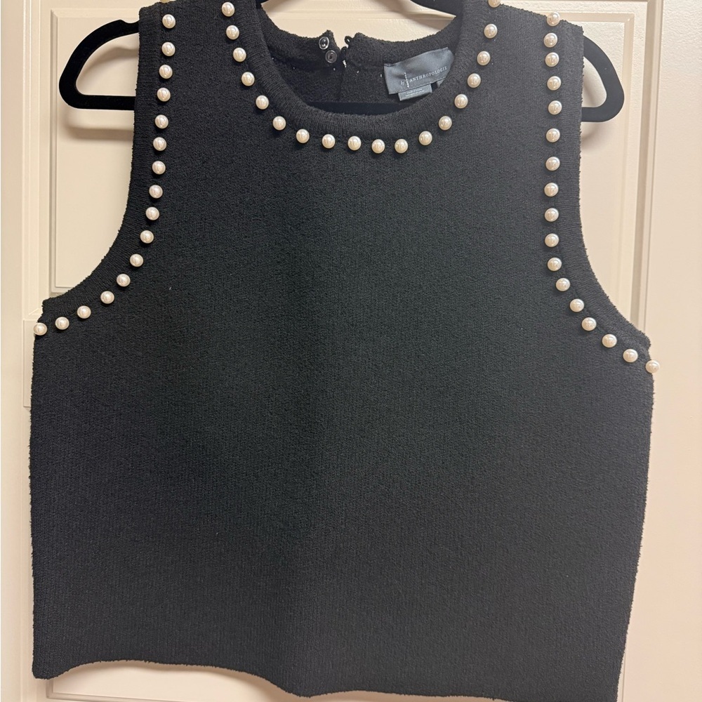 Anthropologie Black Sleeveless Top with Pearl Accents - Picture 3 of 5